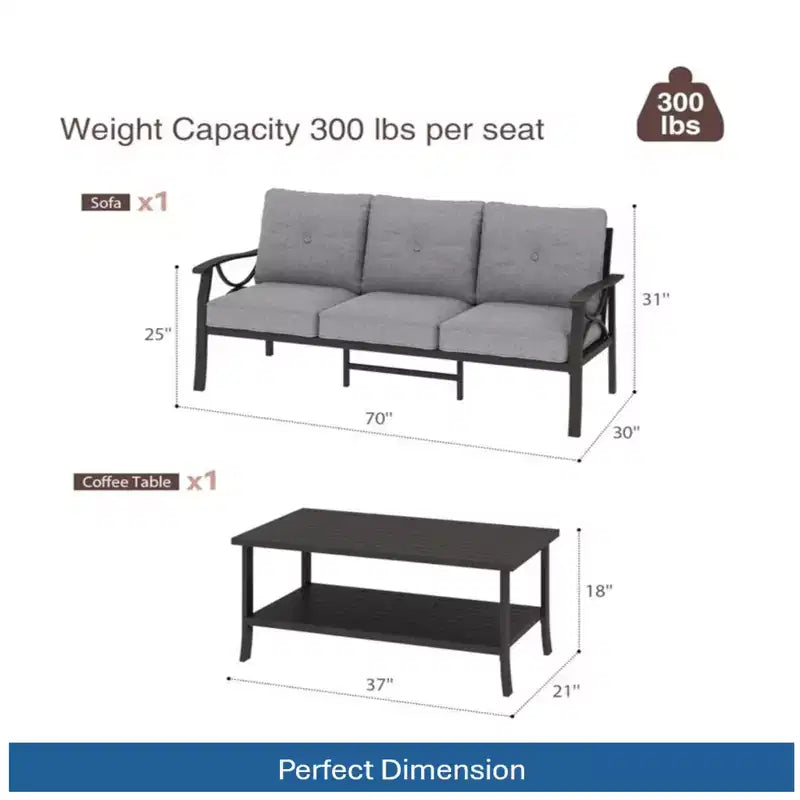 2 Piece Outdoor Patio Set, 70 Inch All-Weather Metal 3-Seat Metal Patio Sofa and Rectangular coffee Table, Khaki Frame with Gray Cushions