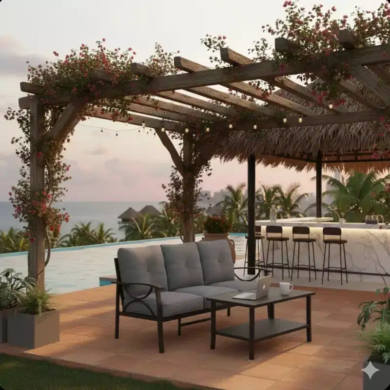 2 Piece Outdoor Patio Set, 70 Inch All-Weather Metal 3-Seat Metal Patio Sofa and Rectangular coffee Table, Khaki Frame with Gray Cushions