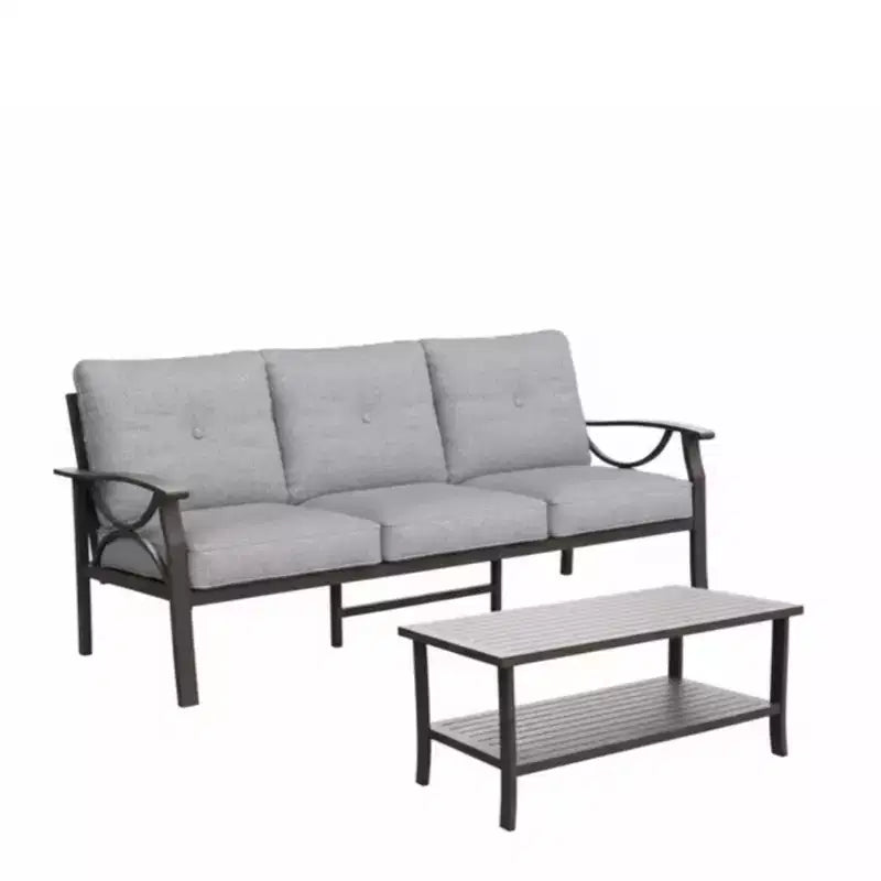 2 Piece Outdoor Patio Set, 70 Inch All-Weather Metal 3-Seat Metal Patio Sofa and Rectangular coffee Table, Khaki Frame with Gray Cushions