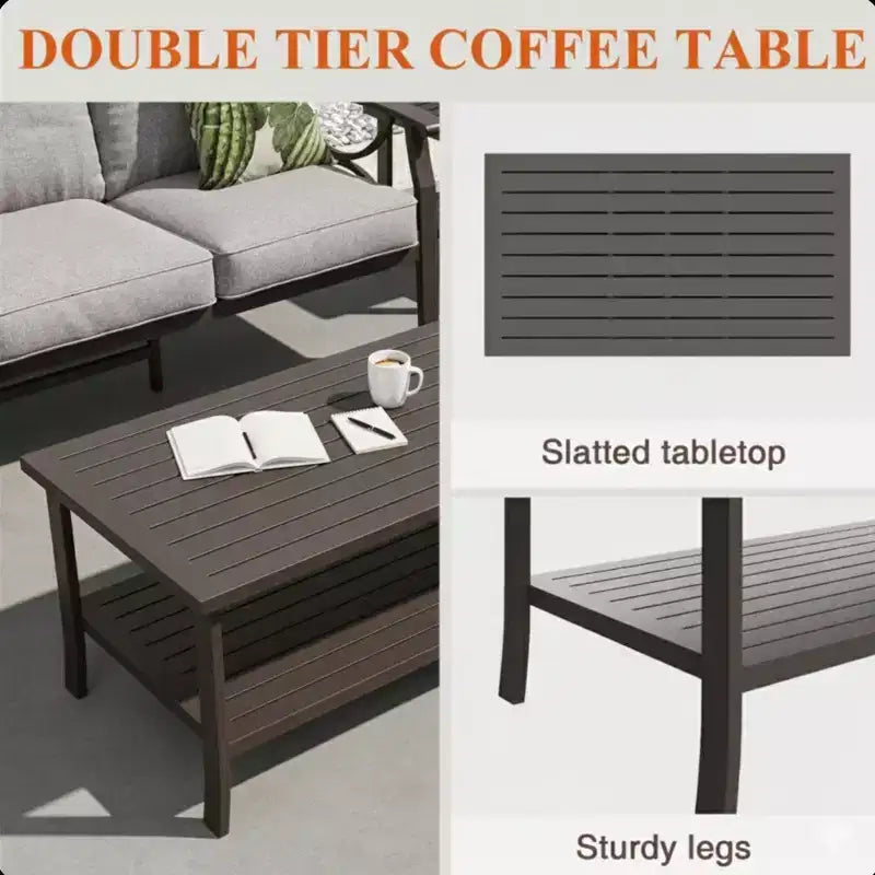 2 Piece Outdoor Patio Set, 70 Inch All-Weather Metal 3-Seat Metal Patio Sofa and Rectangular coffee Table, Khaki Frame with Gray Cushions