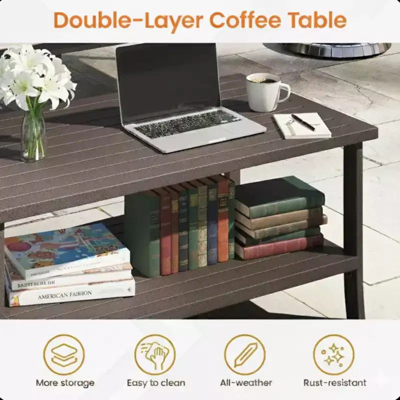 2 Piece Outdoor Patio Set, 70 Inch All-Weather Metal 3-Seat Metal Patio Sofa and Rectangular coffee Table, Khaki Frame with Gray Cushions