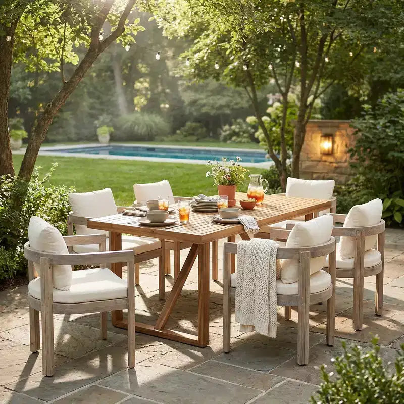 Christopher Knight Home Gruneo Modern 7 Piece Patio Acacia Dining Set with Cushion and Slatted Design