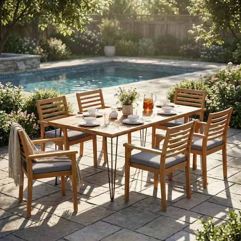 Christopher Knight Home Irish Rustic 7 Piece Patio Acacia Wood Dining Set with Cushions