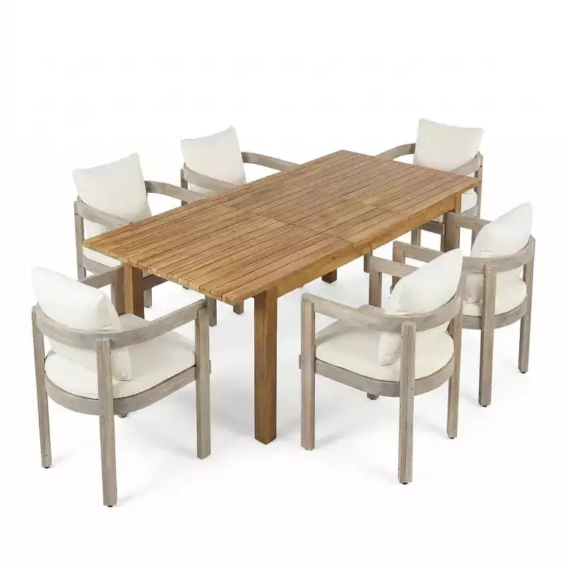 Christopher Knight Home Custi Modern 7 Piece Patio Acacia Dining Set with Expandable Slatted Table and Cushion