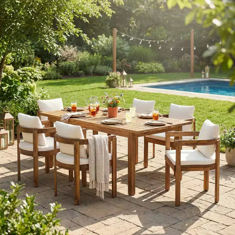 Christopher Knight Home Custi Modern 7 Piece Patio Acacia Dining Set with Expandable Slatted Table and Cushion