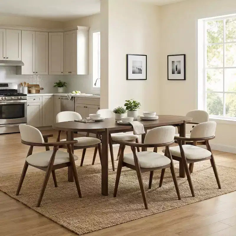 Christopher Knight Home Qinon Modern 7 Piece Patio Rubberwood Dining Set with Oval Table and Curved Backrest