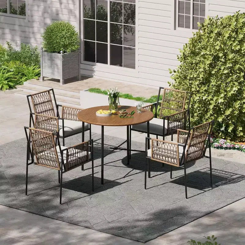 LAUSAINT HOME 5 Piece Outdoor Patio Dining Set, PE Rattan Patio Furniture Set with 4 Cushioned Armchairs & Umbrella Hole