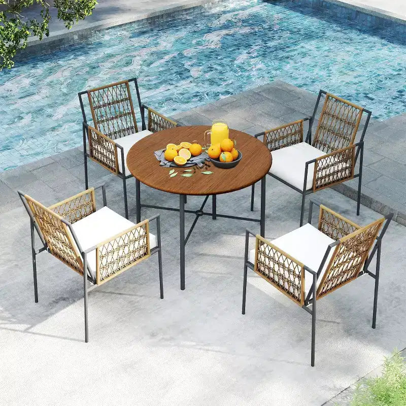 LAUSAINT HOME 5 Piece Outdoor Patio Dining Set, PE Rattan Patio Furniture Set with 4 Cushioned Armchairs & Umbrella Hole