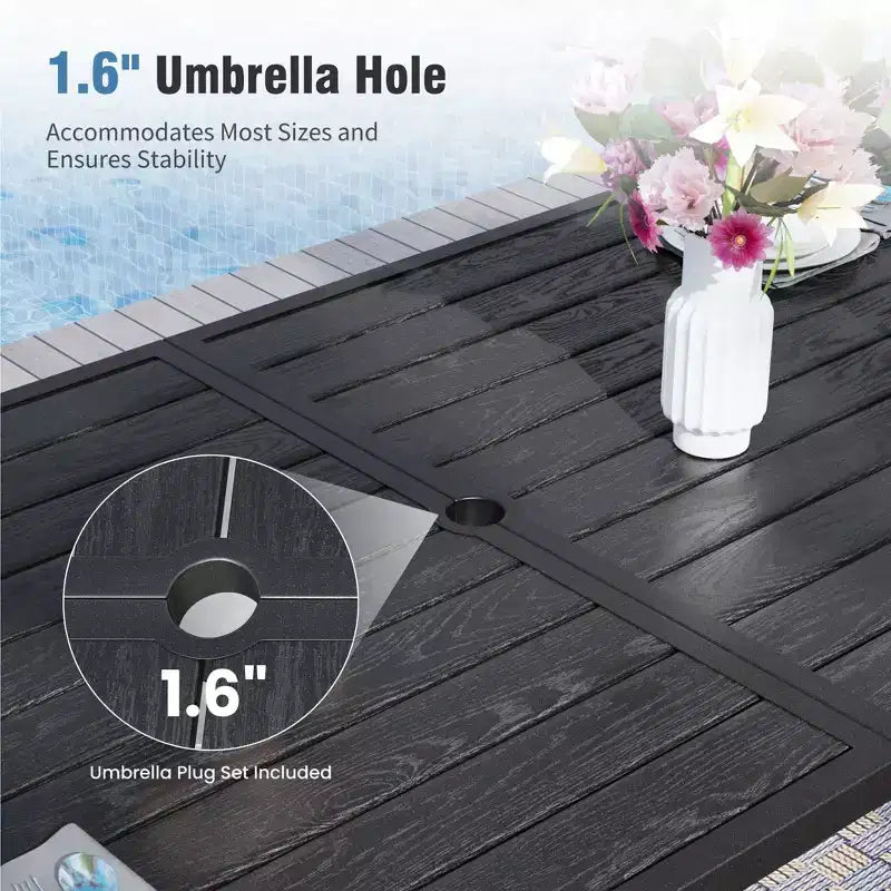 Captiva Designs Outdoor Wood Grain Dining Set with A Shaped Frame Design & Umbrella Hole