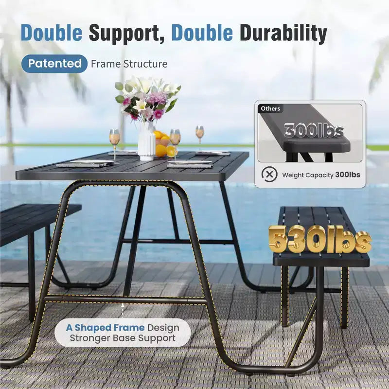 Captiva Designs Outdoor Wood Grain Dining Set with A Shaped Frame Design & Umbrella Hole