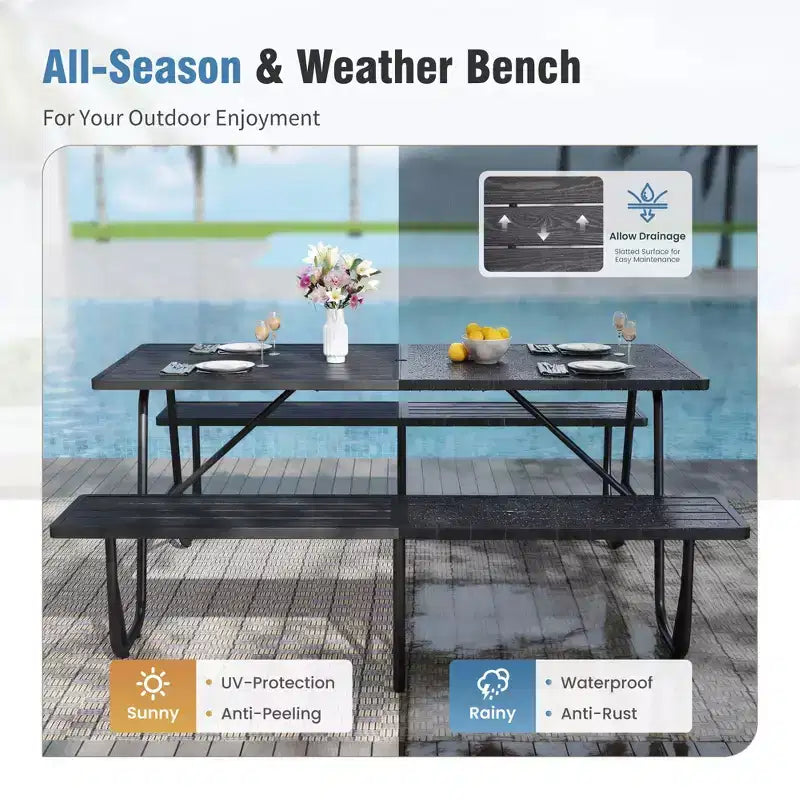 Captiva Designs Outdoor Wood Grain Dining Set with A Shaped Frame Design & Umbrella Hole