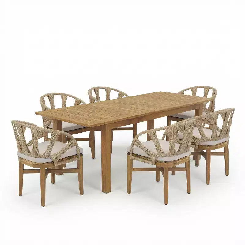 Christopher Knight Home Kenedy 7 Piece Boho Outdoor Acacia Wood Wicker Dining Set with Expandable Slatted Table