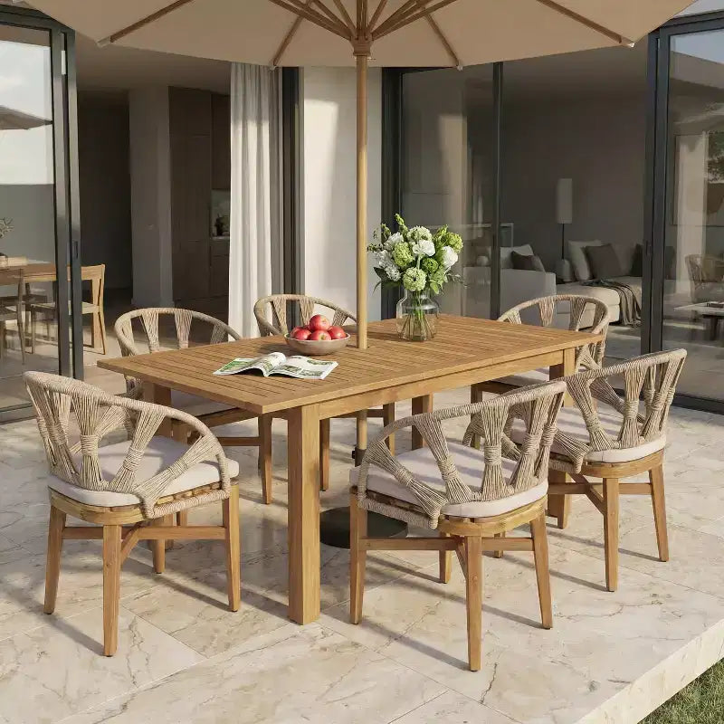 Christopher Knight Home Kenedy 7 Piece Boho Outdoor Acacia Wood Wicker Dining Set with Expandable Slatted Table