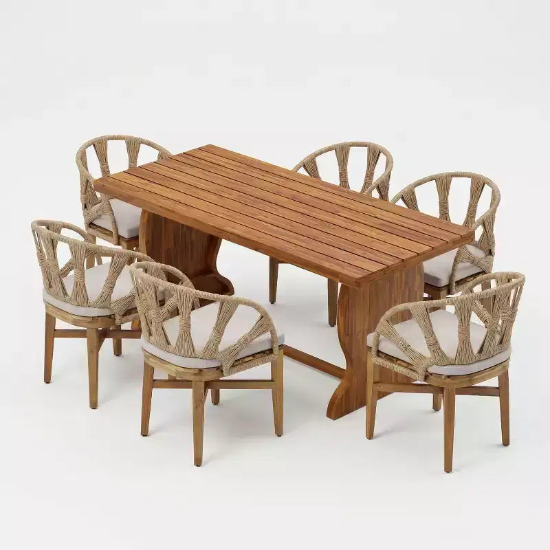 Christopher Knight Home Hendry 7 Piece Boho Outdoor Acacia Wood Wicker Dining Set with Slatted Table