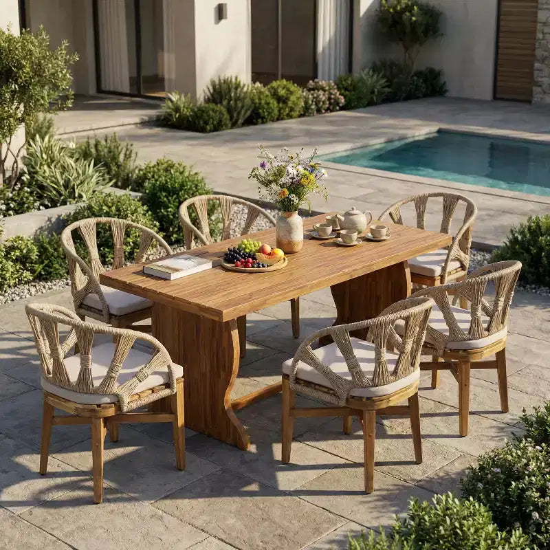 Christopher Knight Home Hendry 7 Piece Boho Outdoor Acacia Wood Wicker Dining Set with Slatted Table