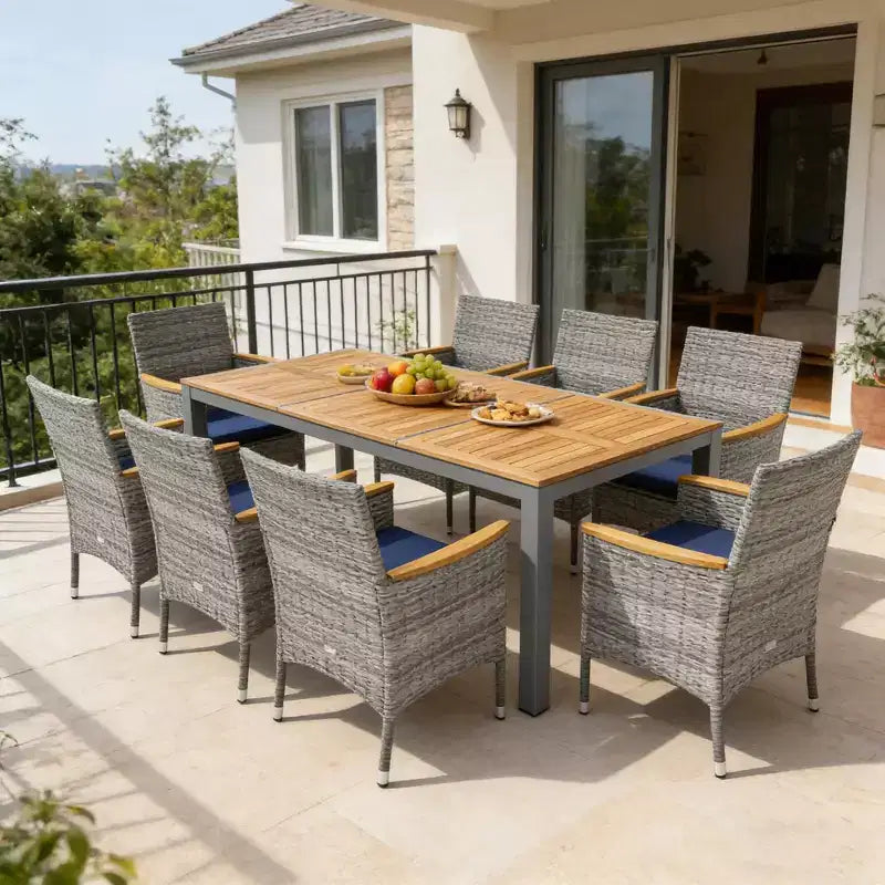 Gymax 9PC Outdoor Patio Dining Set for 8 w/ PE Rattan Chairs & Table Featuring 2 Umbrella Hole for Garden Deck Patio