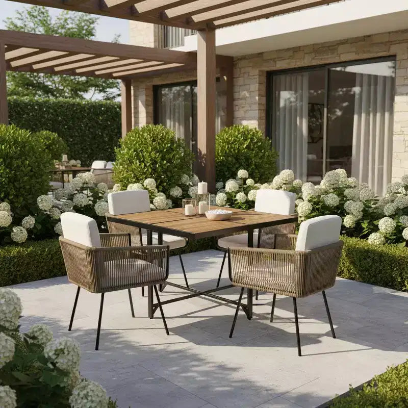Gymax 5PC Outdoor Patio Dining Set w/ Rectangular Acacia Wood Table & Cushioned Chairs for Backyard and Garden