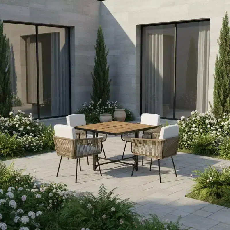 Gymax 5PC Outdoor Patio Dining Set w/ Rectangular Acacia Wood Table & Cushioned Chairs for Backyard and Garden