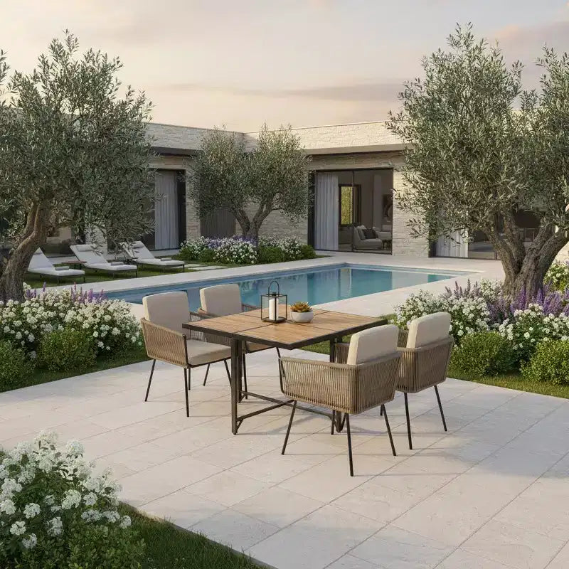 Gymax 5PC Outdoor Patio Dining Set w/ Rectangular Acacia Wood Table & Cushioned Chairs for Backyard and Garden