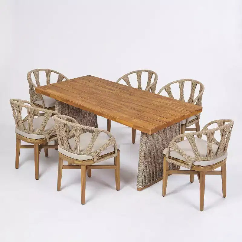 Christopher Knight Home Ferb 7 Piece Boho Outdoor Acacia Wood Wicker Dining Set with Cushions