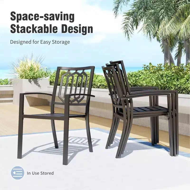 Captiva Designs 8pc Outdoor Slat-top Rectangle Steel Dining Table & Metal Stackable Chairs & 13ft Blue Umbrella