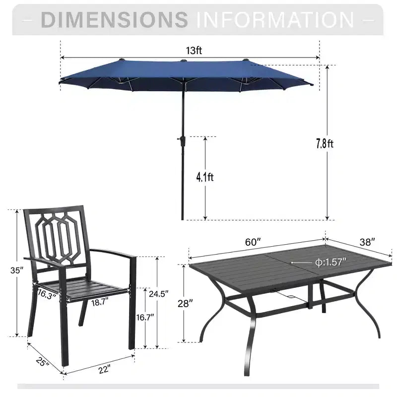 Captiva Designs 8pc Outdoor Slat-top Rectangle Steel Dining Table & Metal Stackable Chairs & 13ft Blue Umbrella