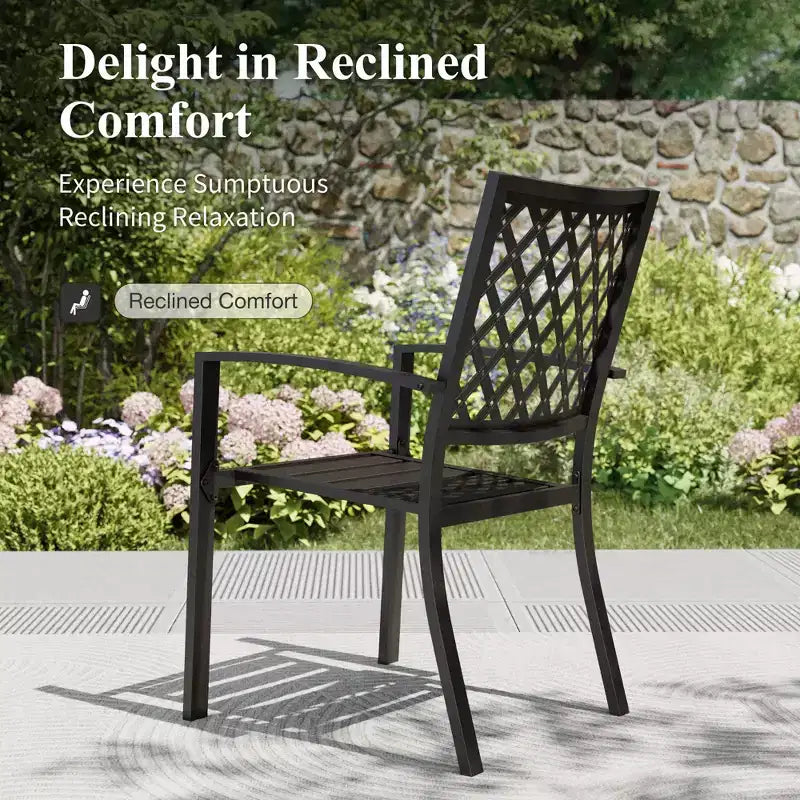 Captiva Designs 8pc Outdoor Slat-top Rectangle Steel Dining Table & Metal Stackable Chairs & 13ft Blue Umbrella