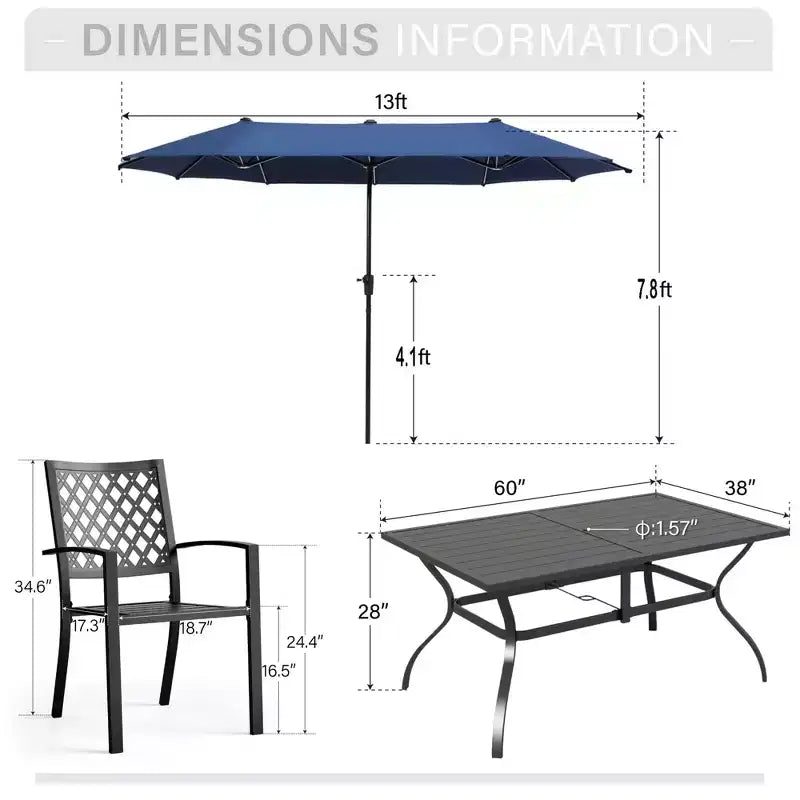Captiva Designs 8pc Outdoor Slat-top Rectangle Steel Dining Table & Metal Stackable Chairs & 13ft Blue Umbrella