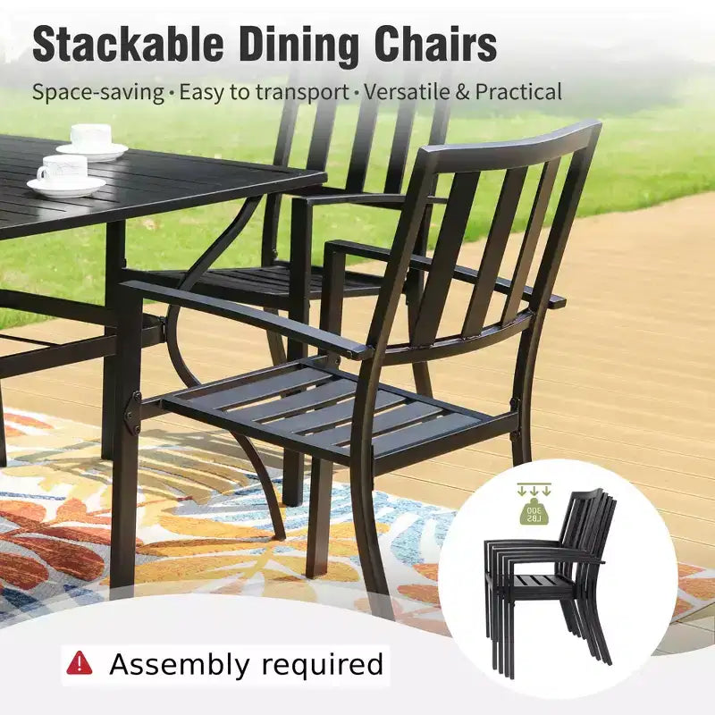 Captiva Designs 8pc Outdoor Slat-top Rectangle Steel Dining Table & Metal Stackable Chairs & 13ft Blue Umbrella
