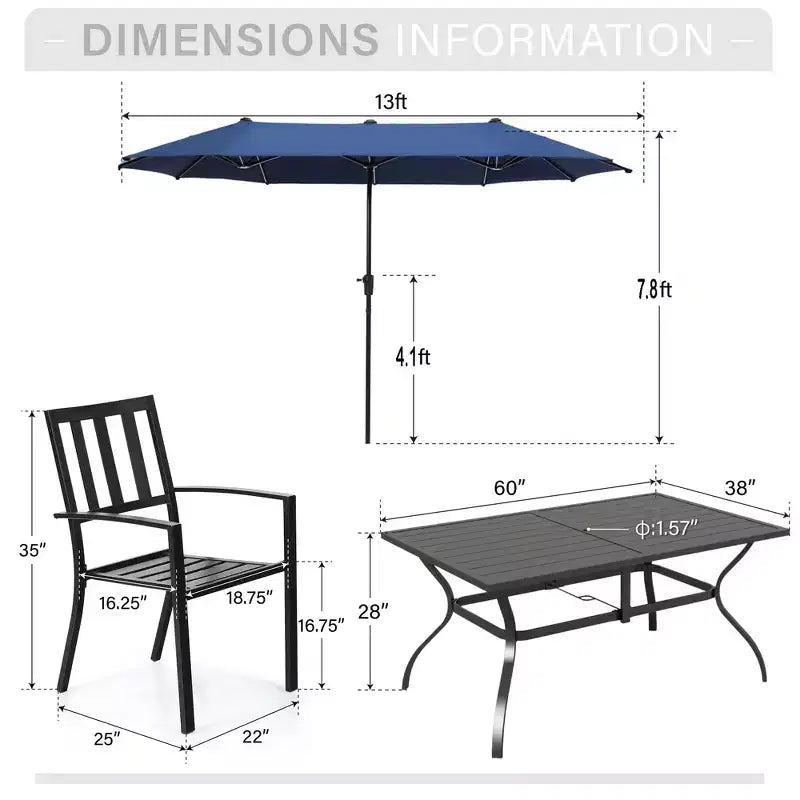 Captiva Designs 8pc Outdoor Slat-top Rectangle Steel Dining Table & Metal Stackable Chairs & 13ft Blue Umbrella