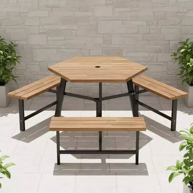 Ensemble table de pique-nique Gymax 6 personnes en bois d'acacia avec 3 bancs, trou pour parasol et pieds antidérapants réglables pour l'extérieur