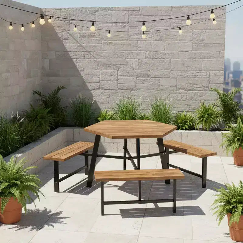 Ensemble table de pique-nique Gymax 6 personnes en bois d'acacia avec 3 bancs, trou pour parasol et pieds antidérapants réglables pour l'extérieur