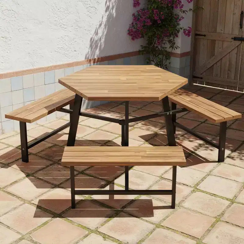 Ensemble table de pique-nique Gymax 6 personnes en bois d'acacia avec 3 bancs, trou pour parasol et pieds antidérapants réglables pour l'extérieur