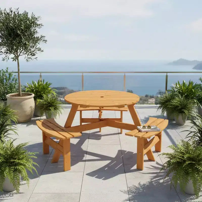 Gymax 6-Person Outdoor Round Picnic Table Set w/ 3 Built-in Benches & 2 Umbrella Hole for Patio Lawn Garden Brown/Yellow