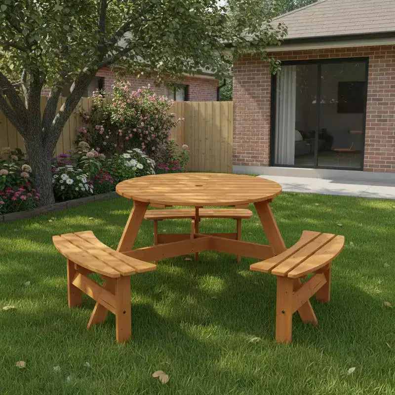 Gymax 6-Person Outdoor Round Picnic Table Set w/ 3 Built-in Benches & 2 Umbrella Hole for Patio Lawn Garden Brown/Yellow