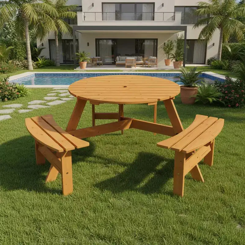 Gymax 6-Person Outdoor Round Picnic Table Set w/ 3 Built-in Benches & 2 Umbrella Hole for Patio Lawn Garden Brown/Yellow