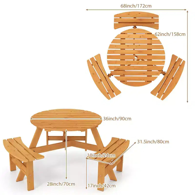 Gymax 6-Person Outdoor Round Picnic Table Set w/ 3 Built-in Benches & 2 Umbrella Hole for Patio Lawn Garden Brown/Yellow