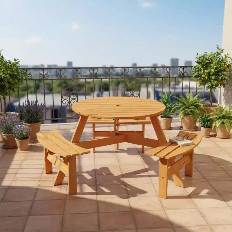Gymax 6-Person Outdoor Round Picnic Table Set w/ 3 Built-in Benches & 2 Umbrella Hole for Patio Lawn Garden Brown/Yellow