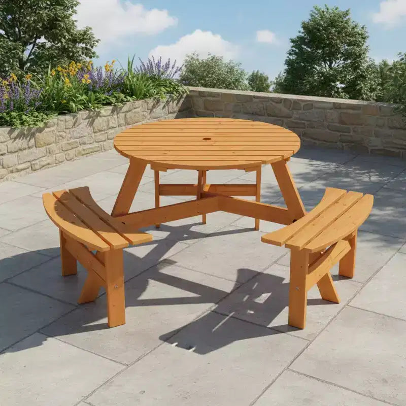 Gymax 6-Person Outdoor Round Picnic Table Set w/ 3 Built-in Benches & 2 Umbrella Hole for Patio Lawn Garden Brown/Yellow