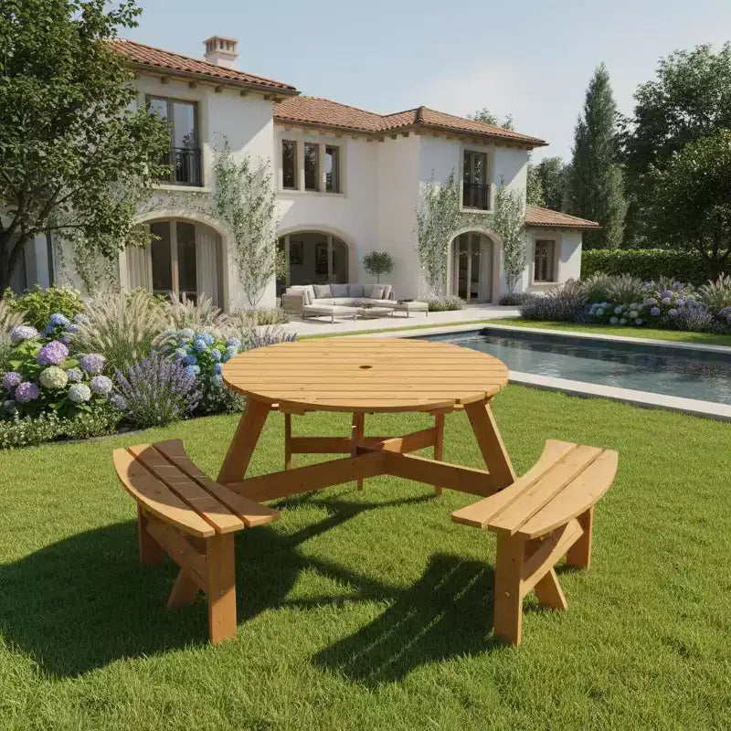 Gymax 6-Person Outdoor Round Picnic Table Set w/ 3 Built-in Benches & 2 Umbrella Hole for Patio Lawn Garden Brown/Yellow