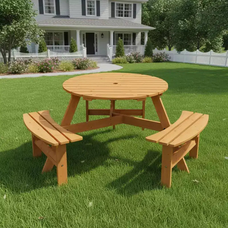 Gymax 6-Person Outdoor Round Picnic Table Set w/ 3 Built-in Benches & 2 Umbrella Hole for Patio Lawn Garden Brown/Yellow