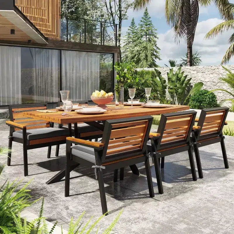 Whisen 7-Piece Outdoor Dining Set for 6, Patio Table And Chairs Set, Garden Dining Seating Set, 1 Rectangle Dining Table & 6 Chairs with Cushions