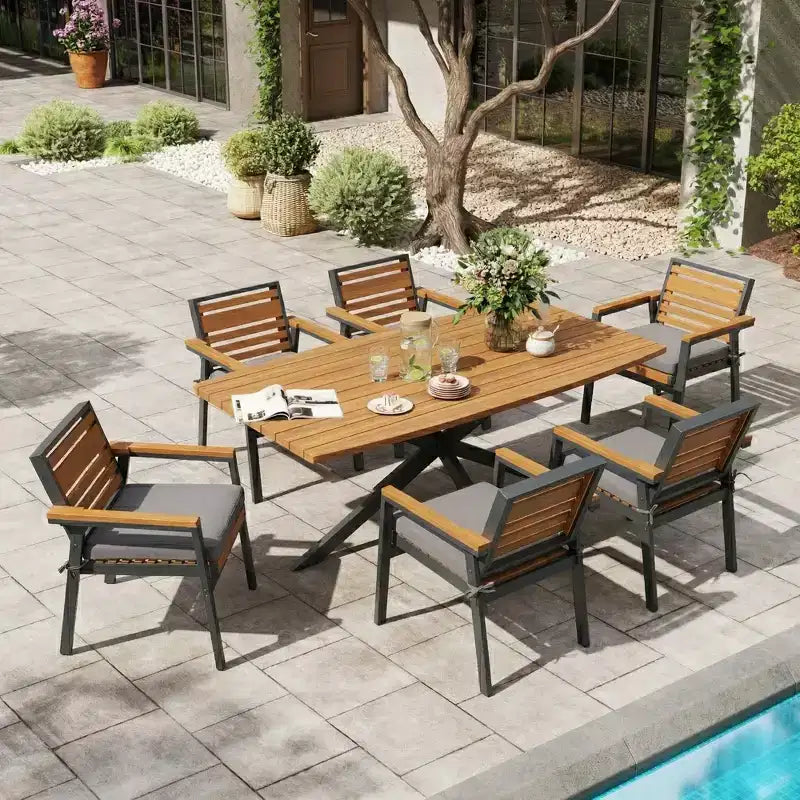 Whisen 7-Piece Outdoor Dining Set for 6, Patio Table And Chairs Set, Garden Dining Seating Set, 1 Rectangle Dining Table & 6 Chairs with Cushions