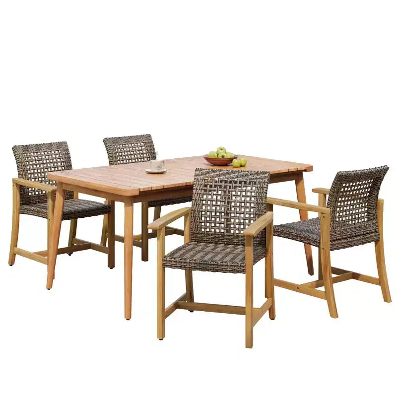 5-Piece Acacia Wood PE Rattan Patio Dining Set, Heavy-Duty 4-Seater Outdoor Patio Table Chair Set