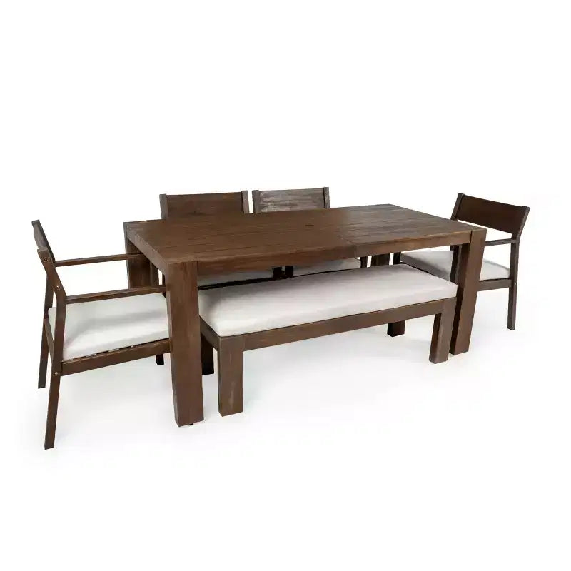Polibi 6-Seat Acacia Patio Dining Set with Umbrella-Hole Table, Cushioned Bench & 4 Armchairs