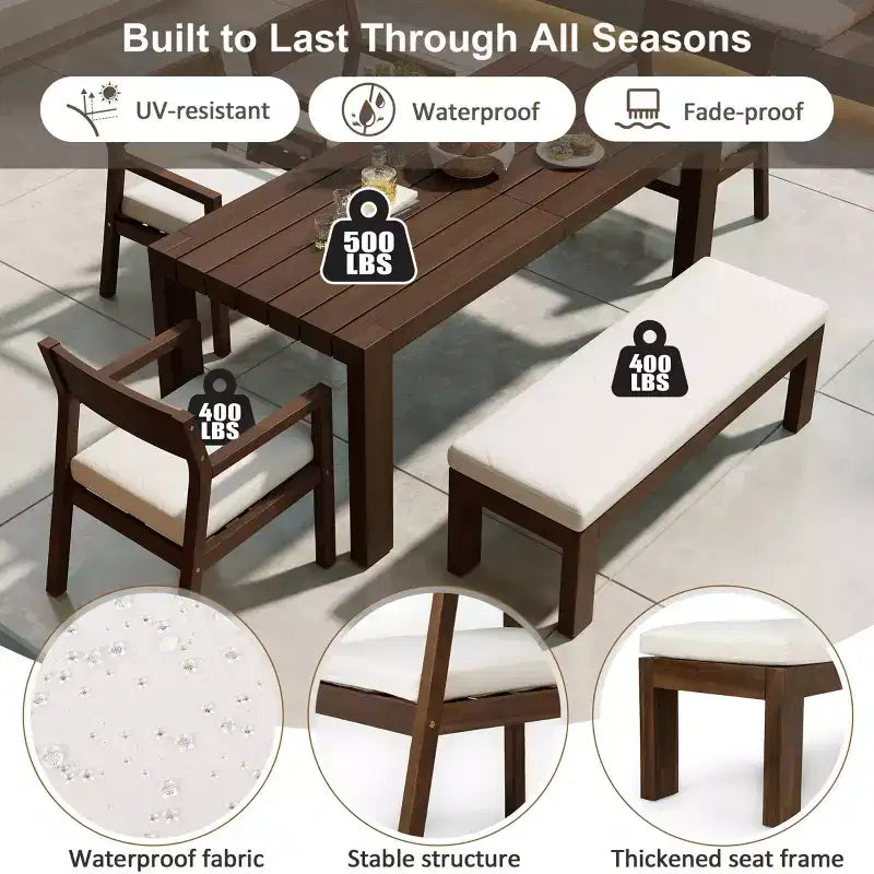 Polibi 6-Seat Acacia Patio Dining Set with Umbrella-Hole Table, Cushioned Bench & 4 Armchairs