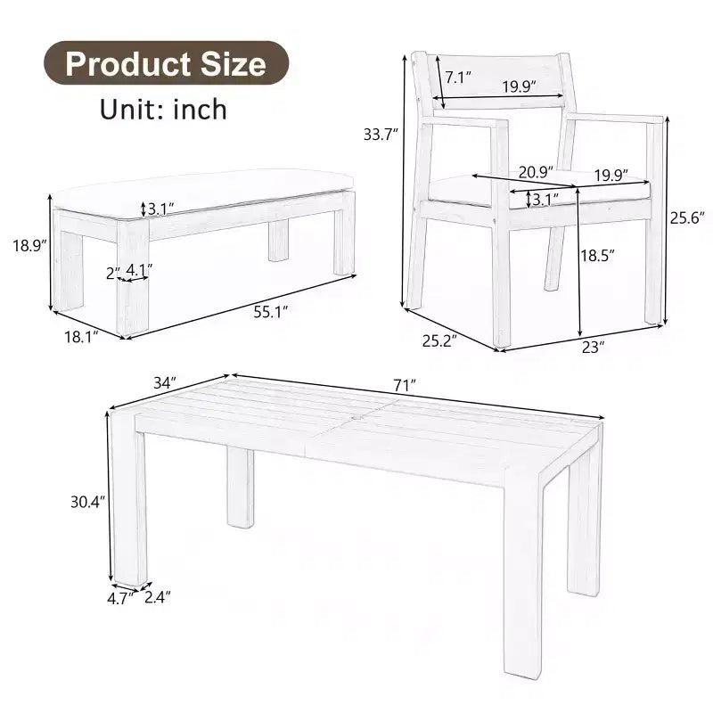 Polibi 6-Seat Acacia Patio Dining Set with Umbrella-Hole Table, Cushioned Bench & 4 Armchairs