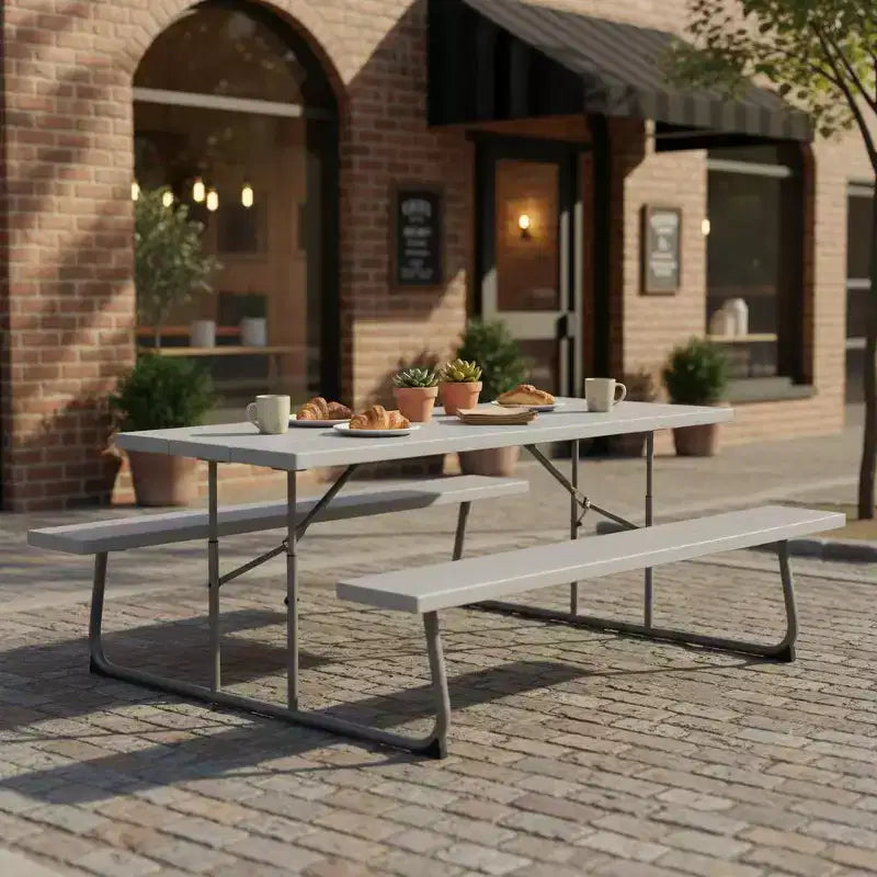 Gymax Folding Picnic Table Set w/ Wood-Like HDPE Tabletop Umbrella Hole 2 Benches Seats Heavy-Duty Metal Frame for Outdoor Black/Gray/Green/White