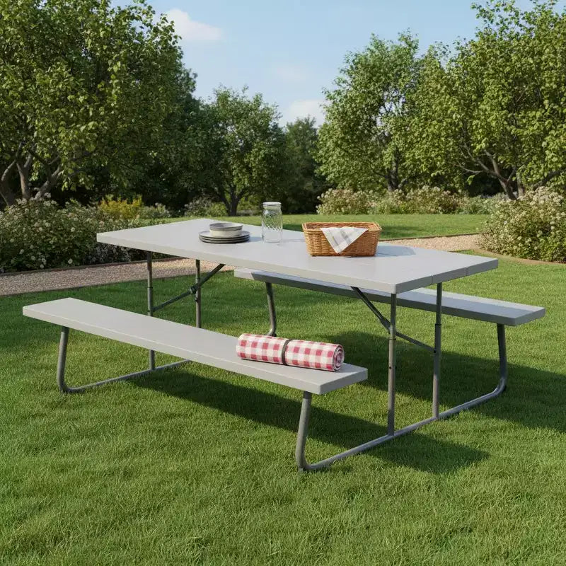 Gymax Folding Picnic Table Set w/ Wood-Like HDPE Tabletop Umbrella Hole 2 Benches Seats Heavy-Duty Metal Frame for Outdoor Black/Gray/Green/White