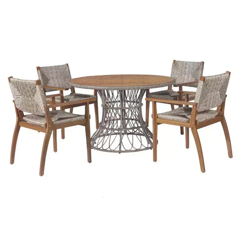 5-Piece Outdoor Patio Dining Set with Round Acacia Wood Table & 4 Woven Armchairs, Modern Garden Dining Furniture for Backyard, Deck-Panipeachy